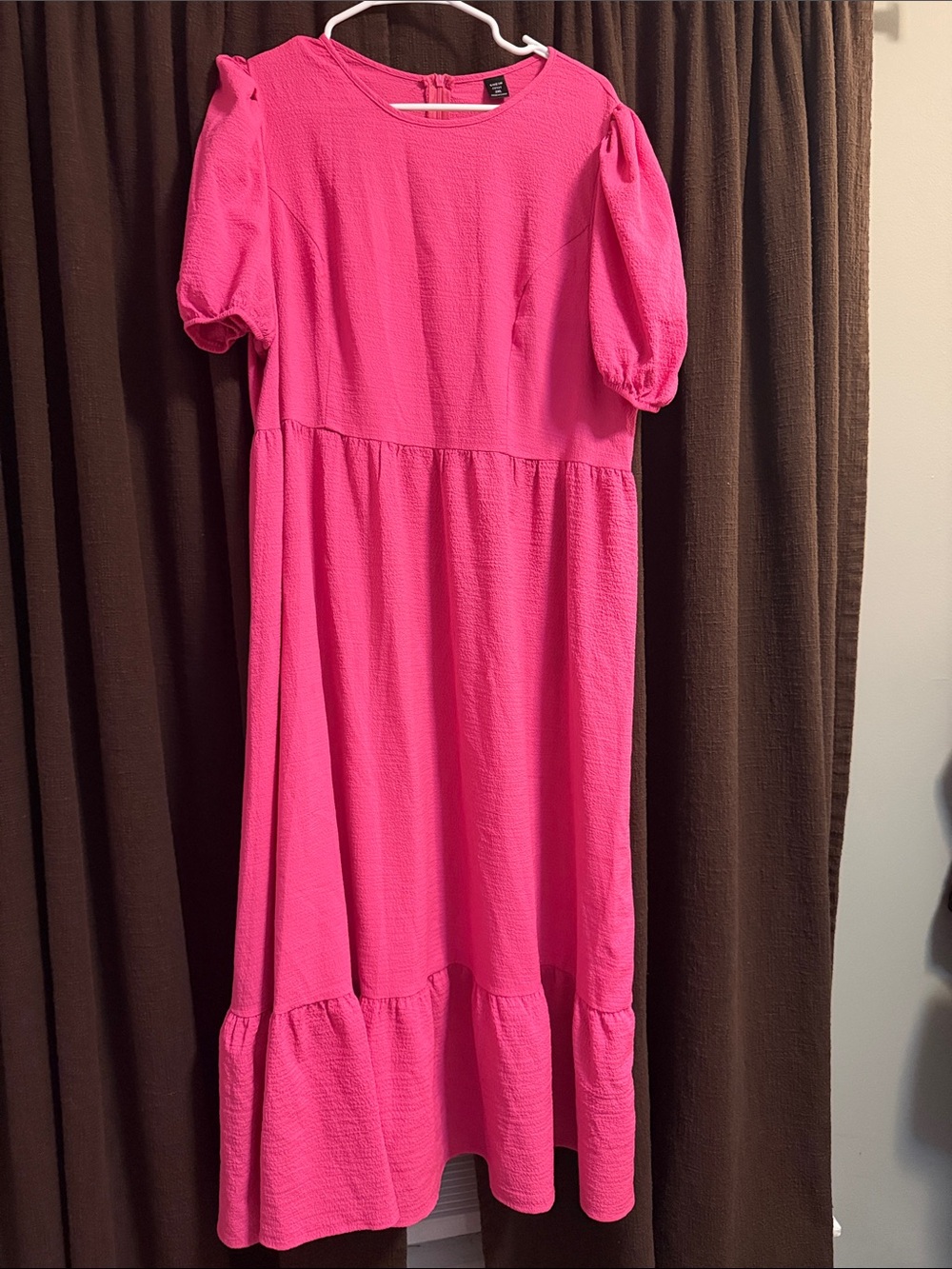 SHEIN Bright Pink Puff Sleeve Midi Dress